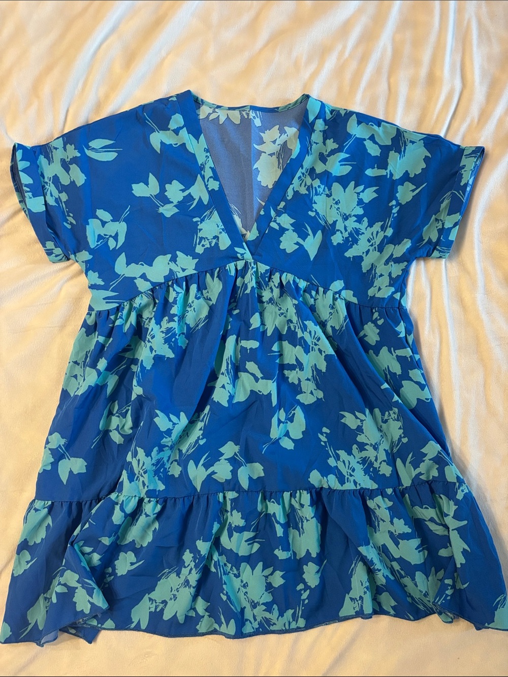 Blue Floral V-Neck Tiered Mini Dress